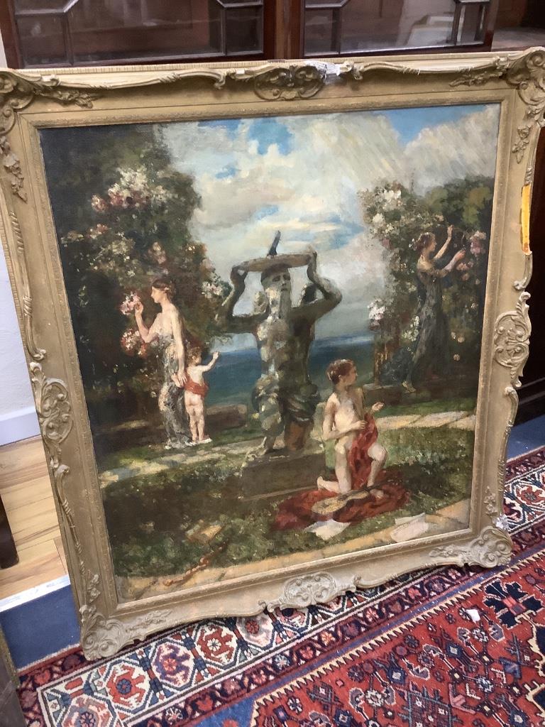 English School c.1900, oil on canvas, Classical maidens and youths in a garden,